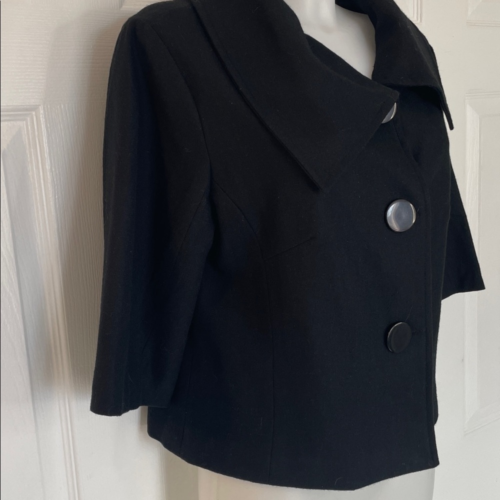 CONTACT NEW YORK BLACK 3/4 SLEEVE WOOL BLEND WING COLLAR SWING JACKET SZ L - Picture 2 of 9